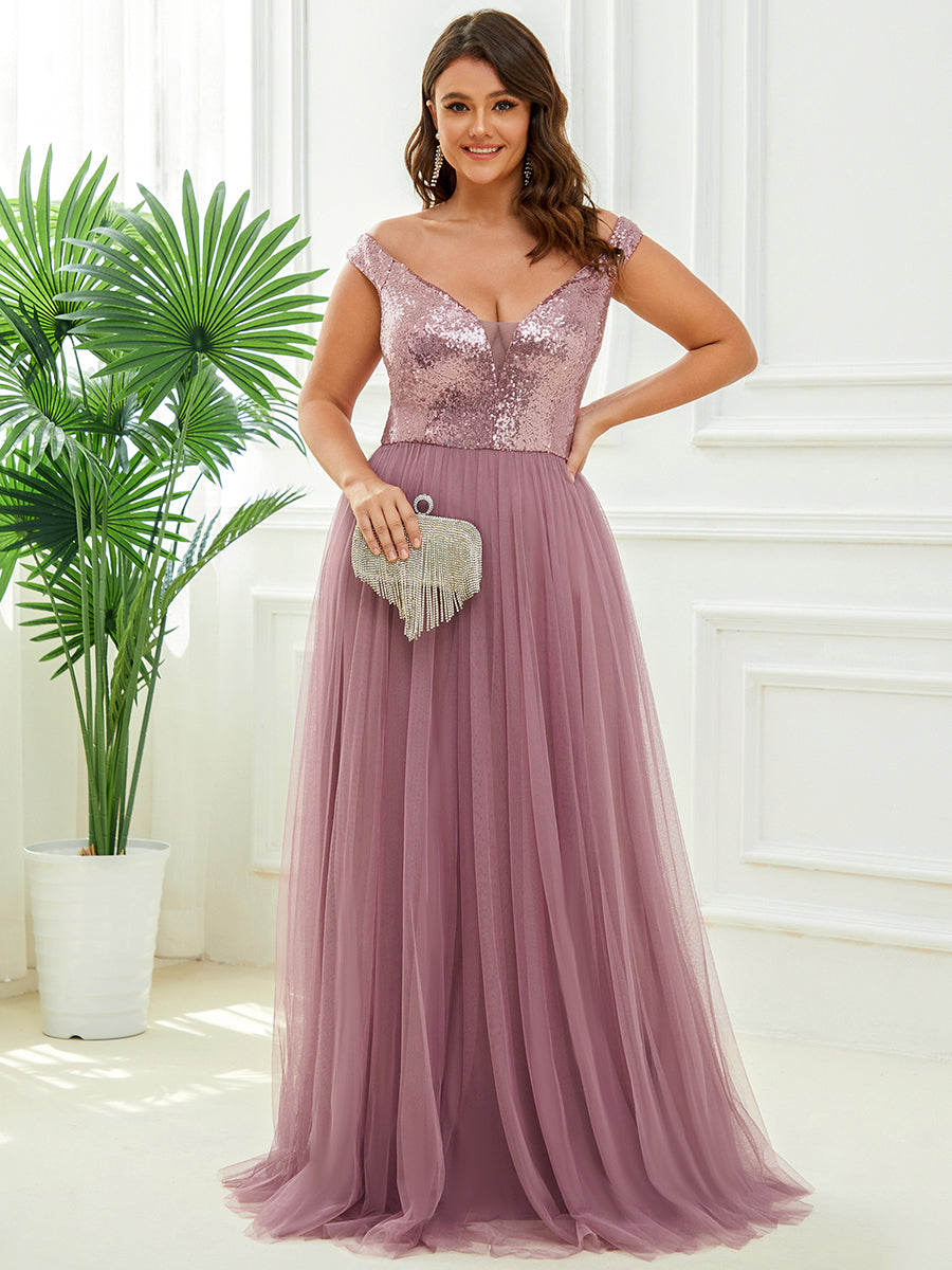 Superbe robe de soirée sans manches en tulle et paillettes taille haute #Couleur_Orchidee