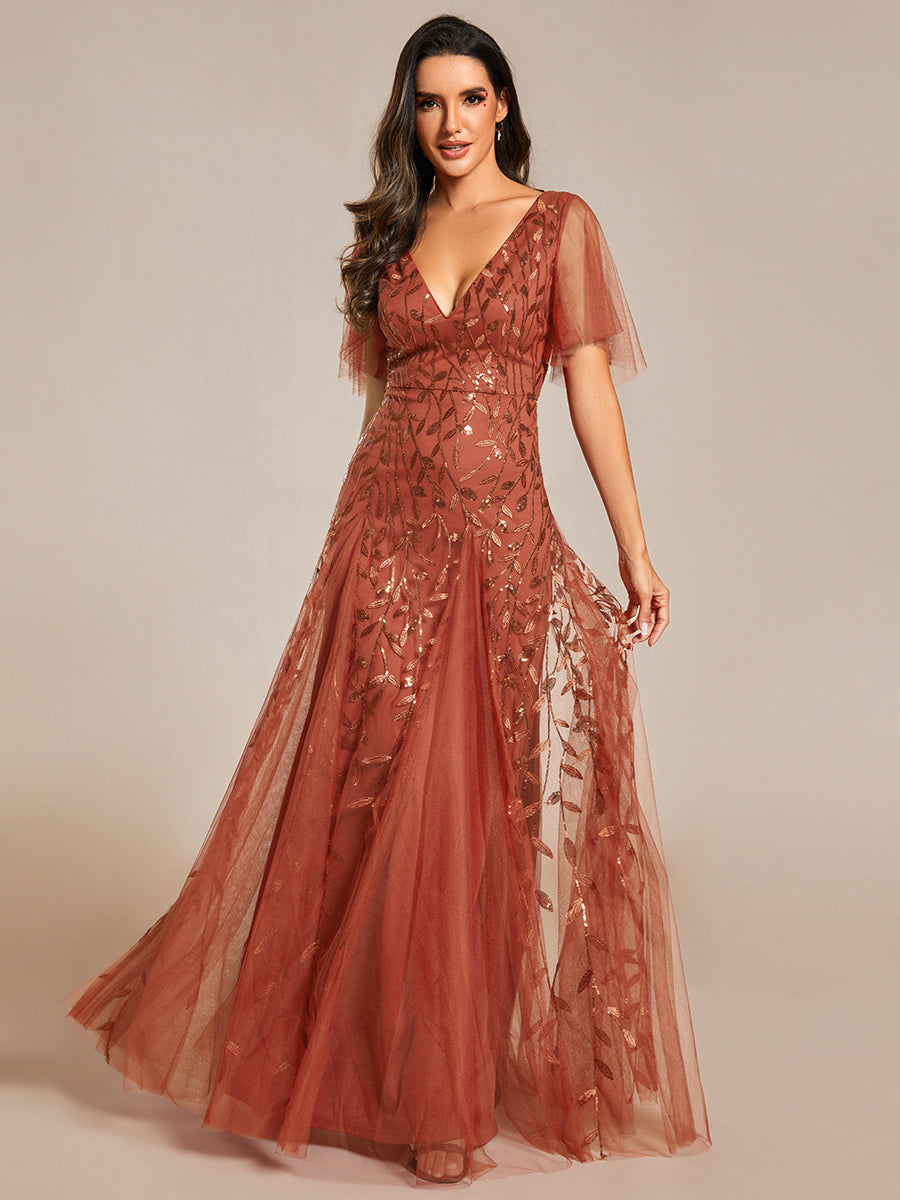 Robe de Soiree Longue Romantique et Scintillante a Col V et Pailletes