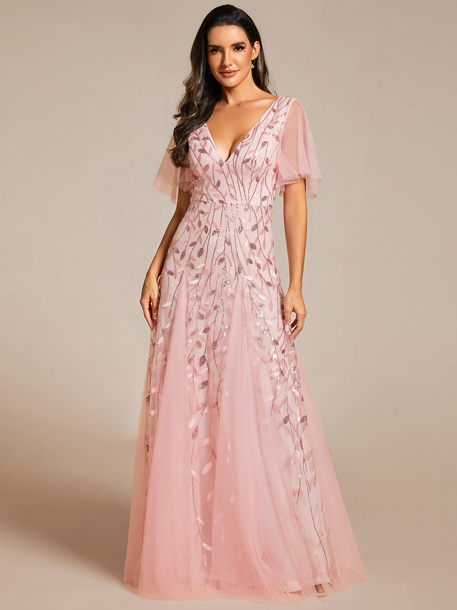 Robe d'Invité de Superbe Mariage Longue à Col en V et Manches à Volants #Couleur_Rose