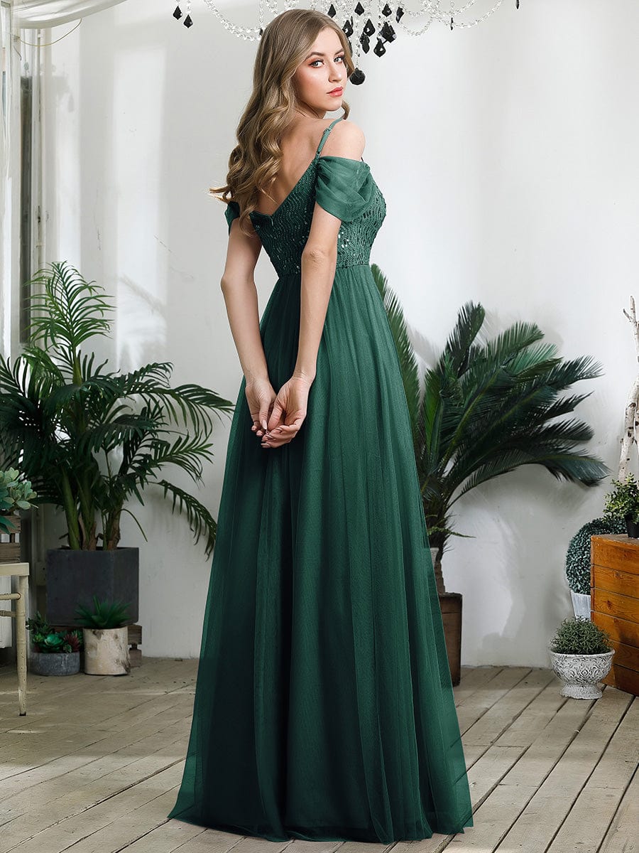 Robes de soirée en tulle avec corsage à épaules dénudées longue au sol #Couleur_Vert Fonce