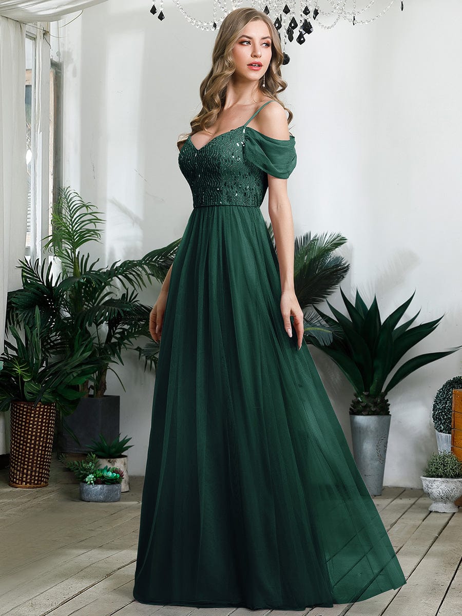 Robes de soirée en tulle avec corsage à épaules dénudées longue au sol #Couleur_Vert Fonce