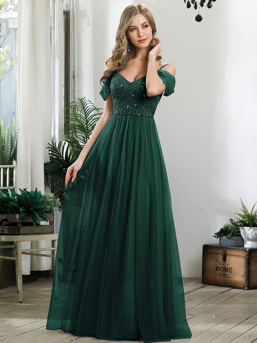 Robes de soirée en tulle avec corsage à épaules dénudées longue au sol #Couleur_Vert Fonce