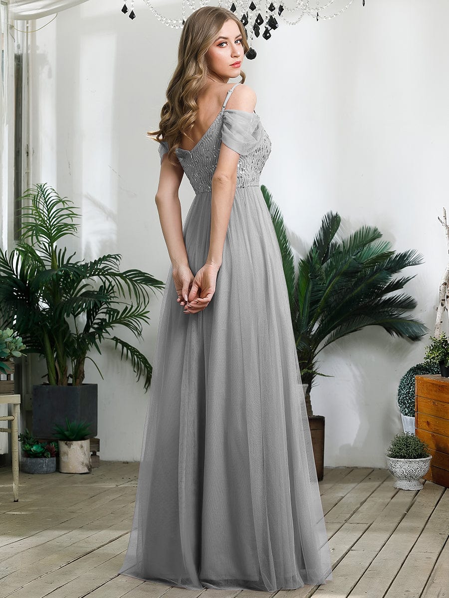 Robes de soirée en tulle avec corsage à épaules dénudées longue au sol #Couleur_Gris