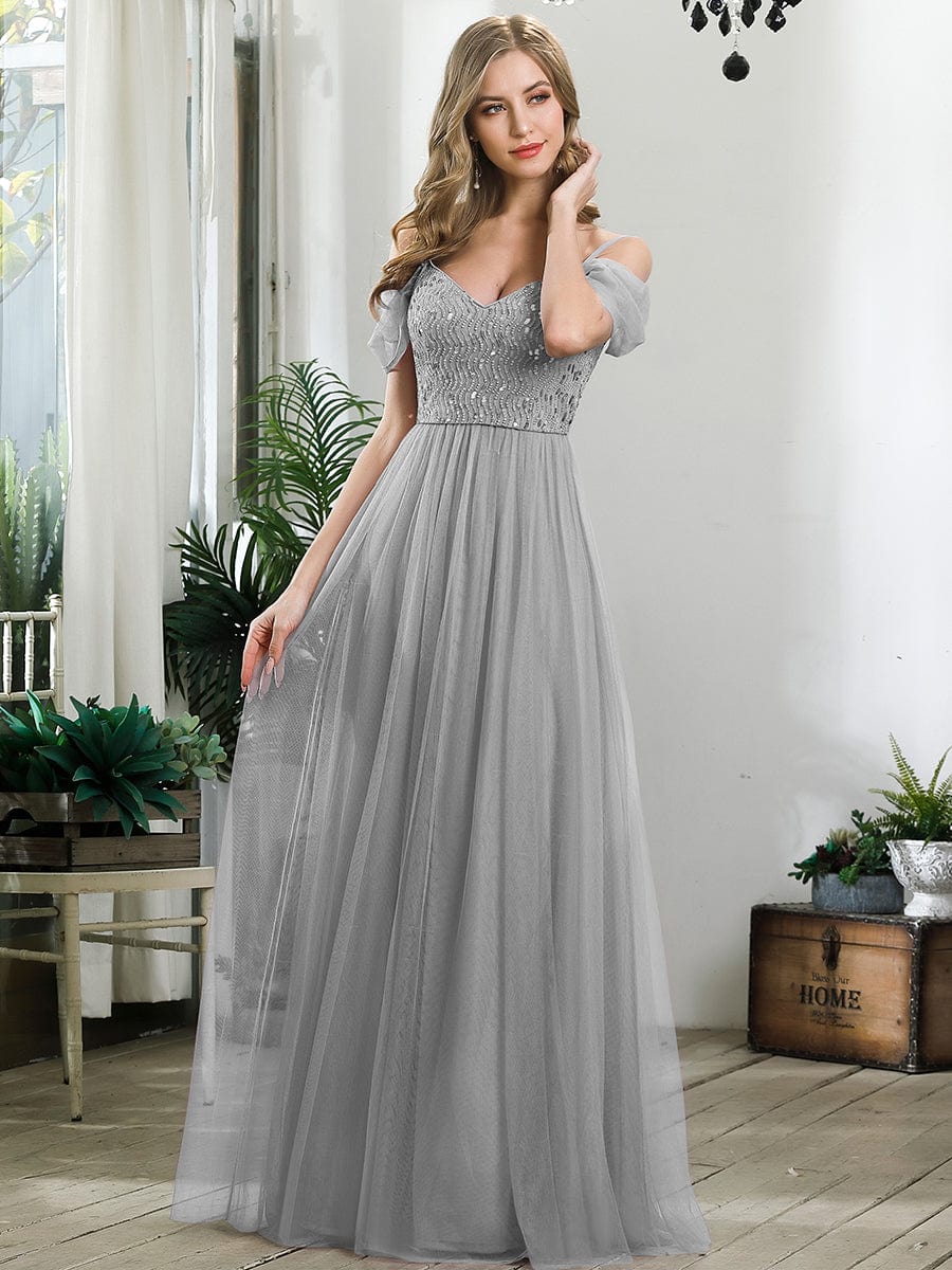 Robes de soirée en tulle avec corsage à épaules dénudées longue au sol #Couleur_Gris