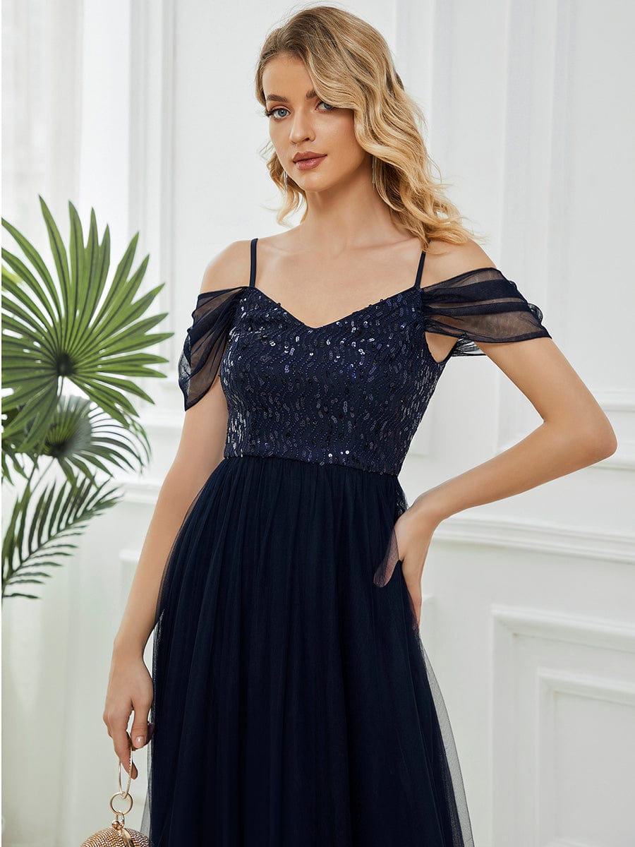 Robes de soirée en tulle avec corsage à épaules dénudées longue au sol #Couleur_Bleu Marine