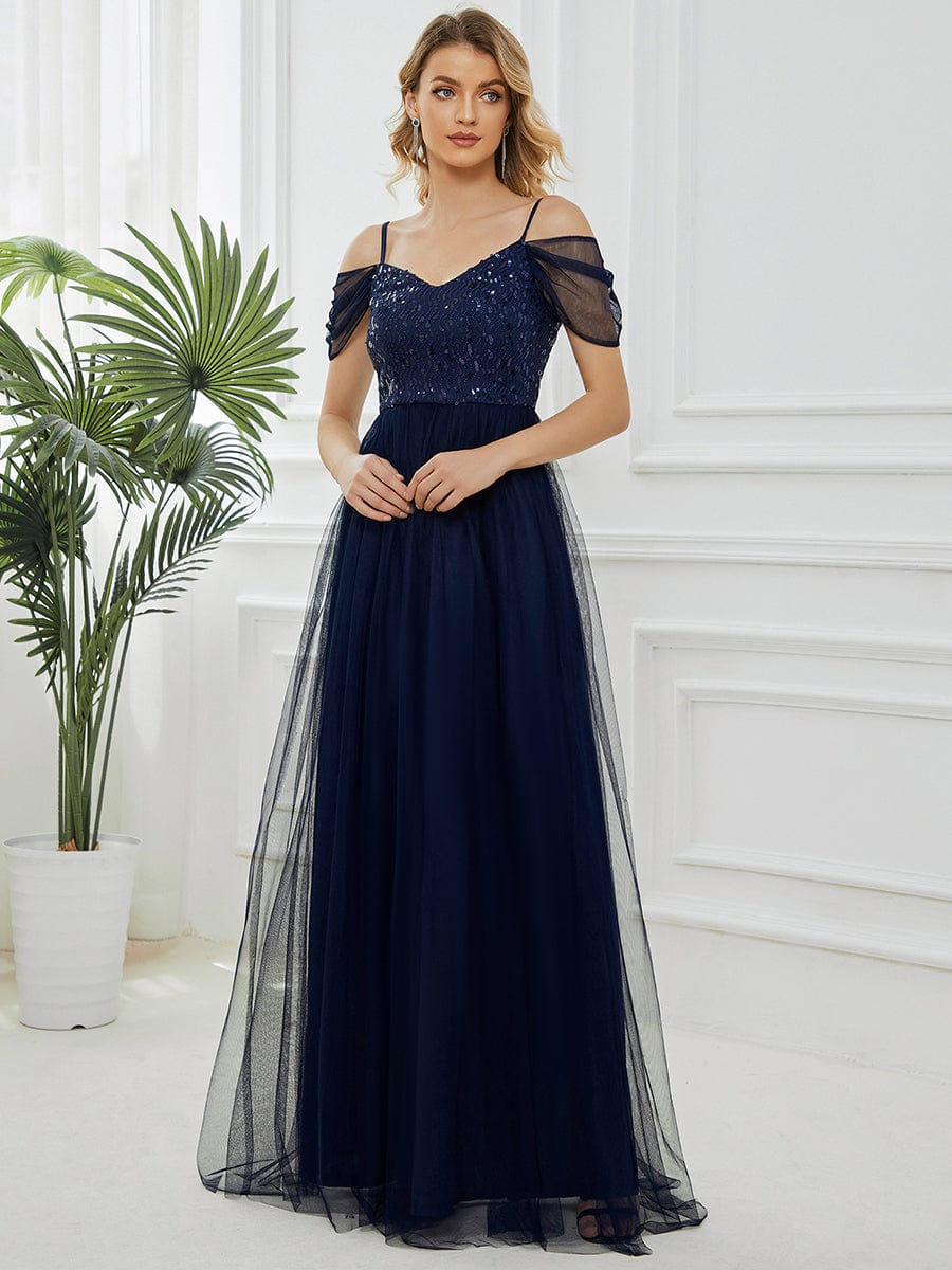 Robes de soirée en tulle avec corsage à épaules dénudées longue au sol #Couleur_Bleu Marine