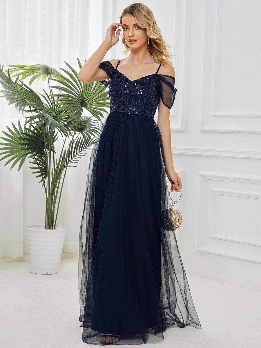 Robes de soirée en tulle avec corsage à épaules dénudées longue au sol #Couleur_Bleu Marine