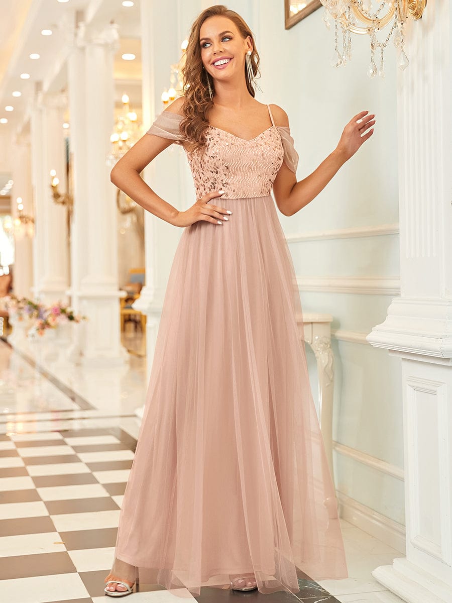 Robes de soirée en tulle avec corsage à épaules dénudées longue au sol #Couleur_Or Rose