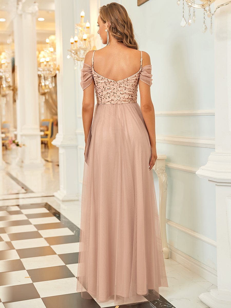 Robes de soirée en tulle avec corsage à épaules dénudées longue au sol #Couleur_Or Rose