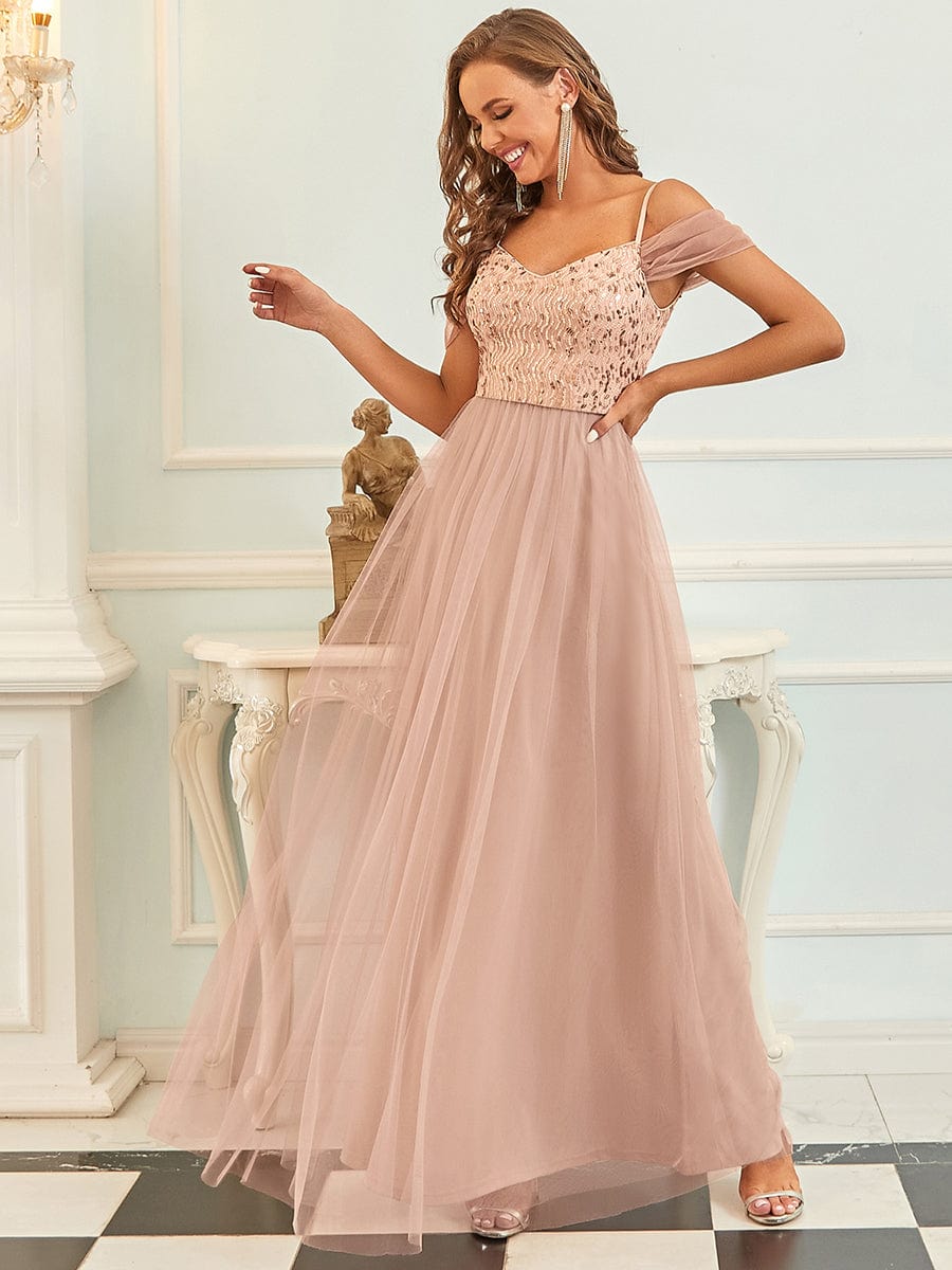 Robes de soirée en tulle avec corsage à épaules dénudées longue au sol #Couleur_Or Rose