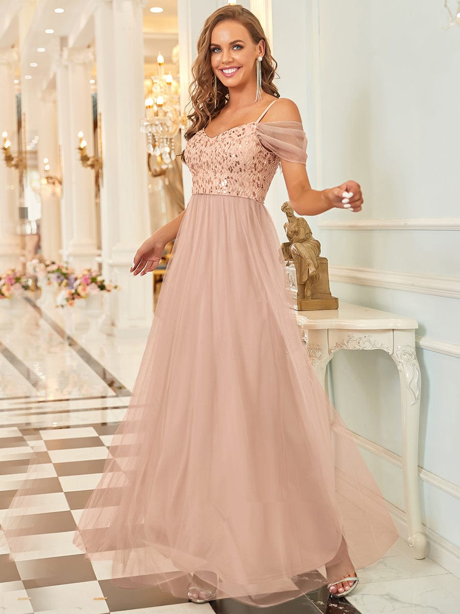 Robes de soirée en tulle avec corsage à épaules dénudées longue au sol #Couleur_Or Rose