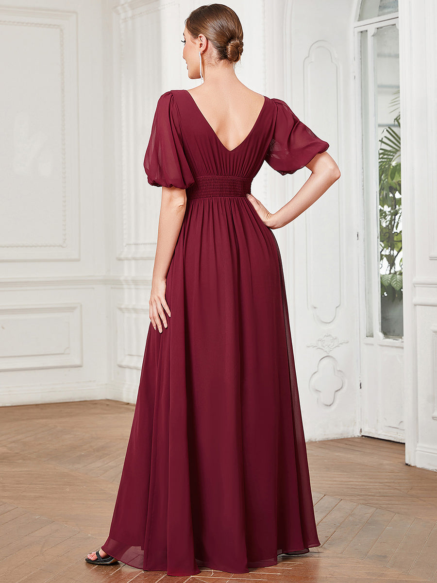 Robe de soirée Mousseline M manches courtes et col en V #Couleur_Bordeaux