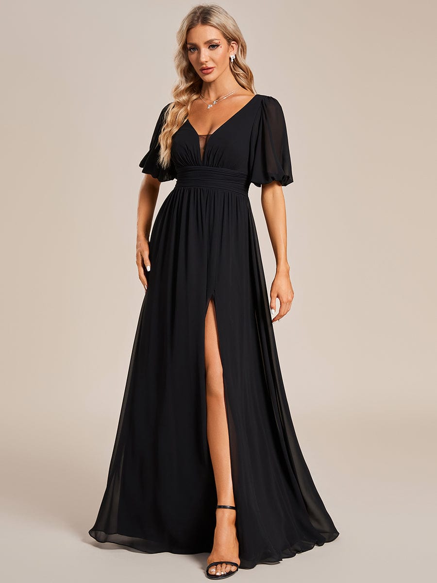 Robe de soirée Mousseline M manches courtes et col en V #Couleur_Noir