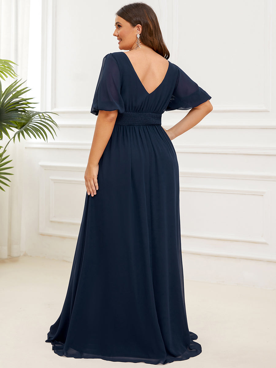 Robe de soirée Mousseline M manches courtes et col en V #Couleur_Bleu Marine