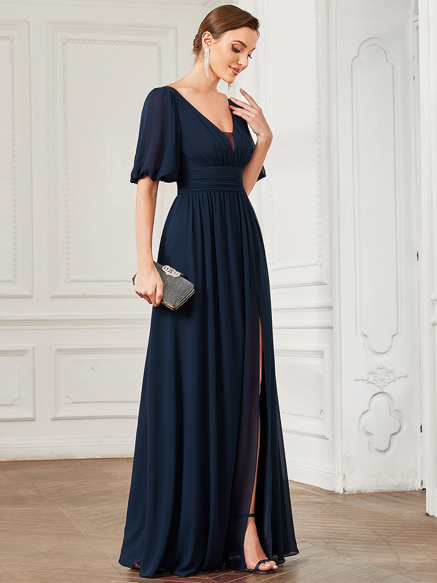 Robe de soirée Mousseline M manches courtes et col en V #Couleur_Bleu Marine