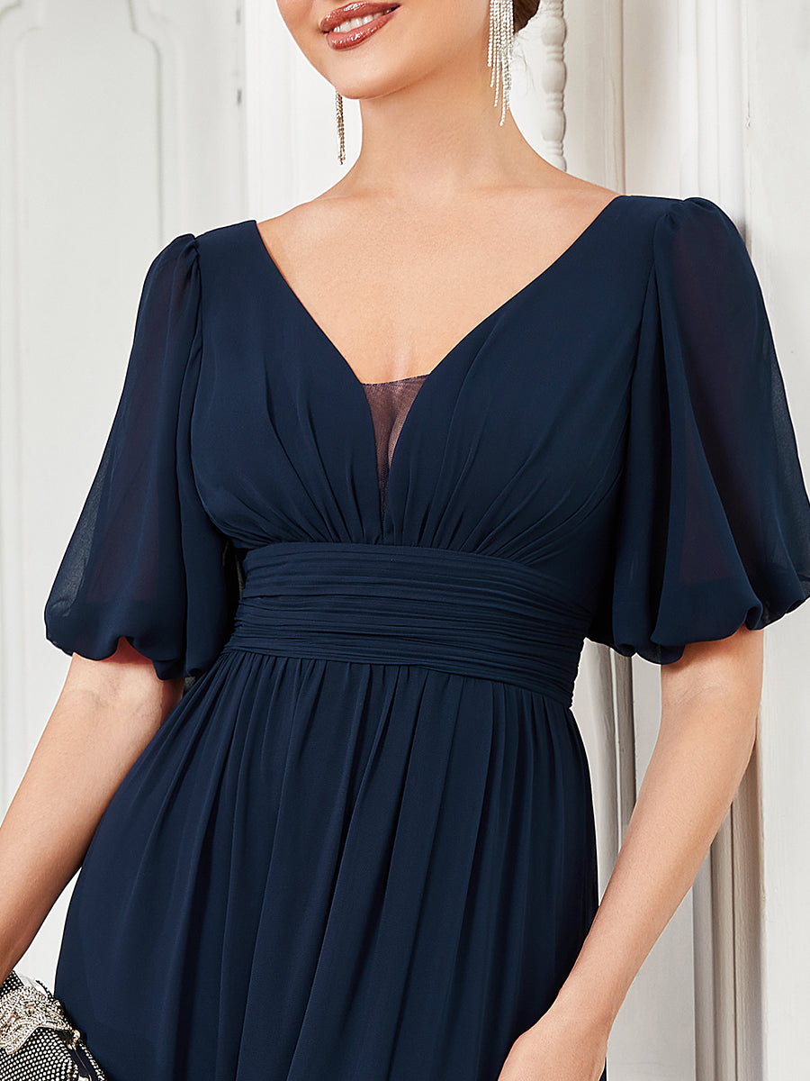 Robe de soirée Mousseline M manches courtes et col en V #Couleur_Bleu Marine