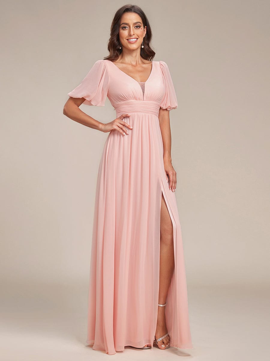 Taille personnalisée Robe de soirée Mousseline Manches courtes col en V #Couleur_Rose