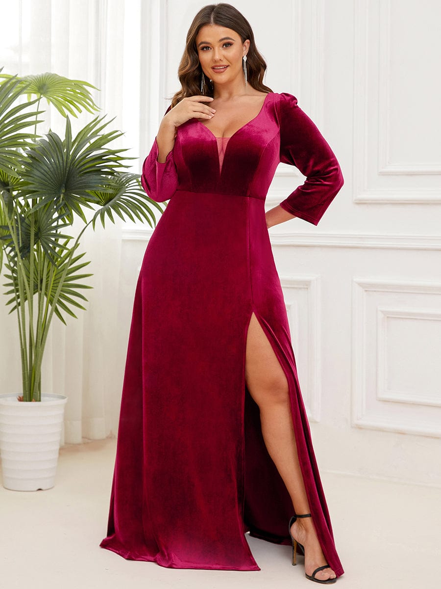 Robe de soirée trapèze en velours Col en V plongeant Fendue #Couleur_Bordeaux