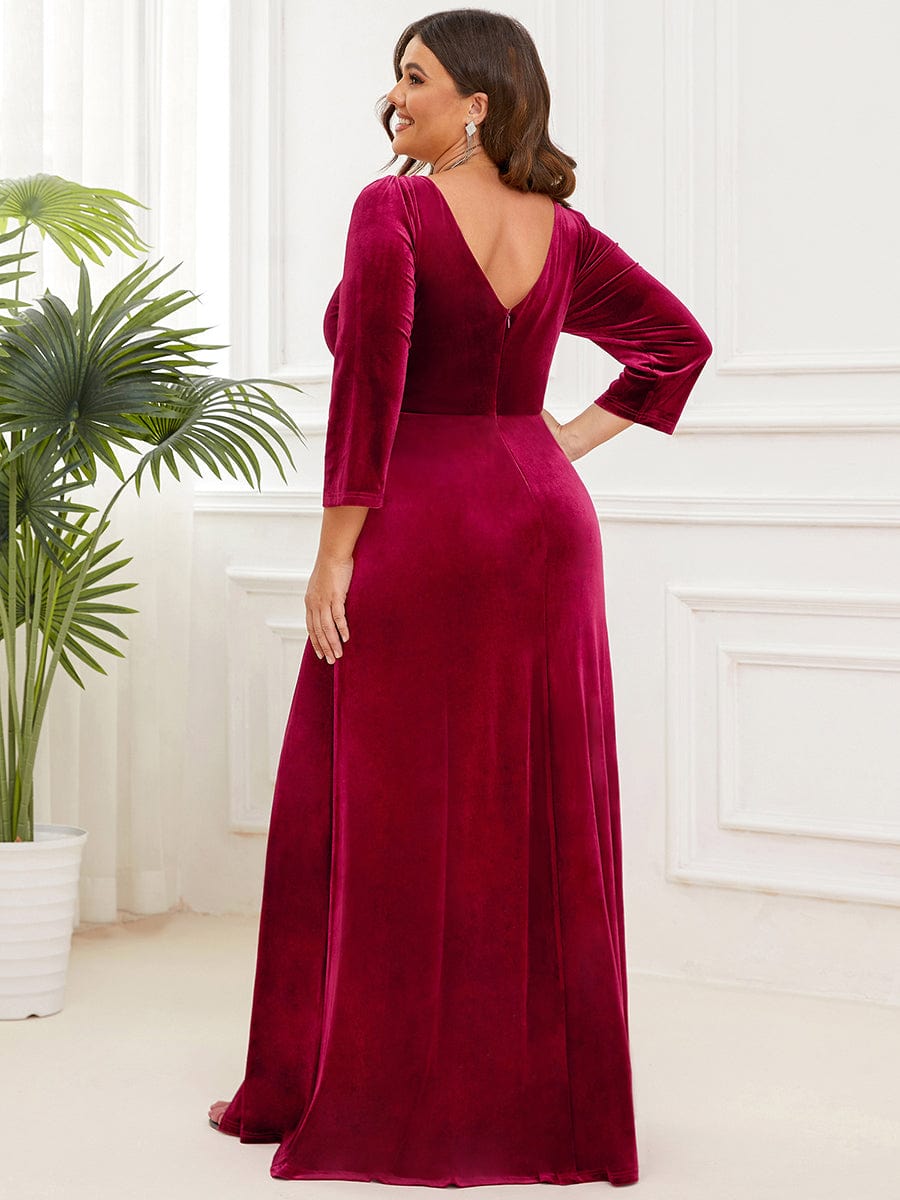 Robe de soirée trapèze en velours Col en V plongeant Fendue #Couleur_Bordeaux