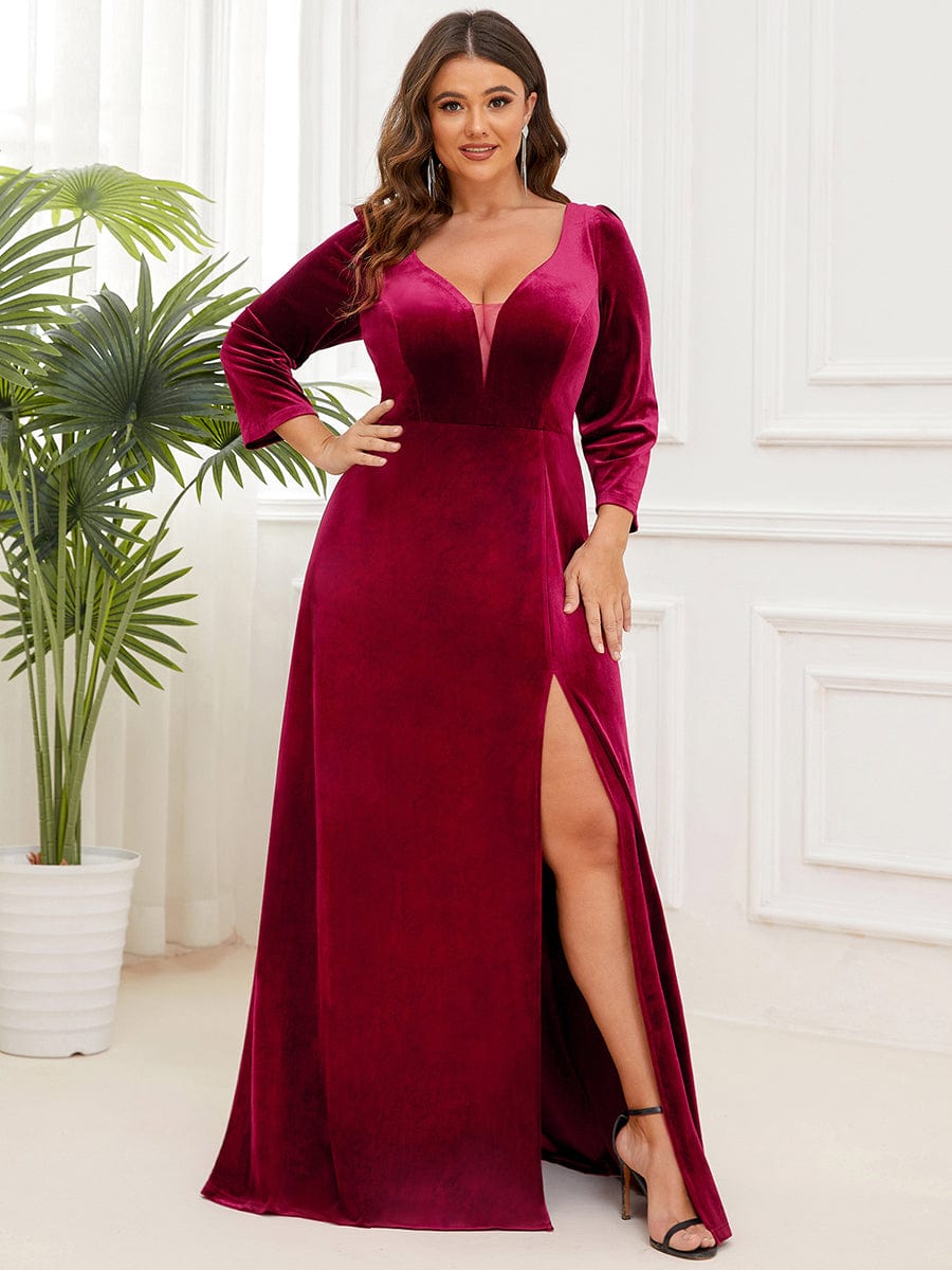 Robe de Soirée en Velours Col en V Plongeant Fendue Grande Taille #Couleur_Bordeaux