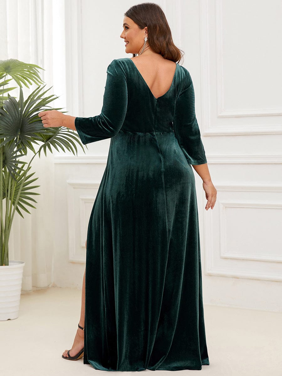 Robe de Soirée en Velours Col en V Plongeant Fendue Grande Taille #Couleur_Vert Fonce