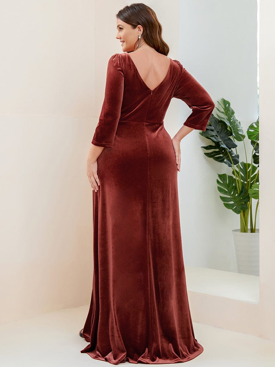 Robe de Soirée en Velours Col en V Plongeant Fendue Grande Taille #Couleur_Rouge Brique