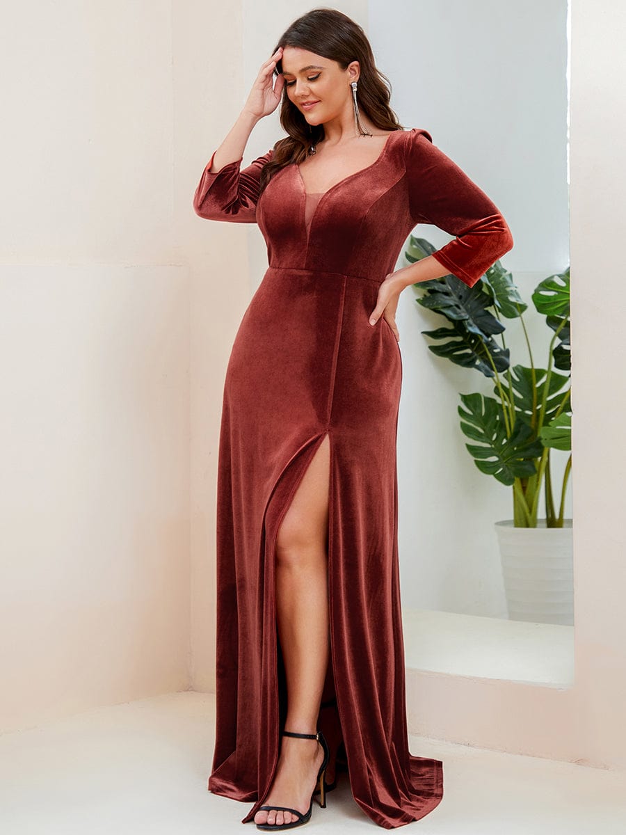 Robe de Soirée en Velours Col en V Plongeant Fendue Grande Taille #Couleur_Rouge Brique