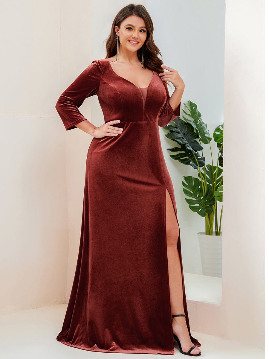 Robe de Soirée en Velours Col en V Plongeant Fendue Grande Taille #Couleur_Rouge Brique