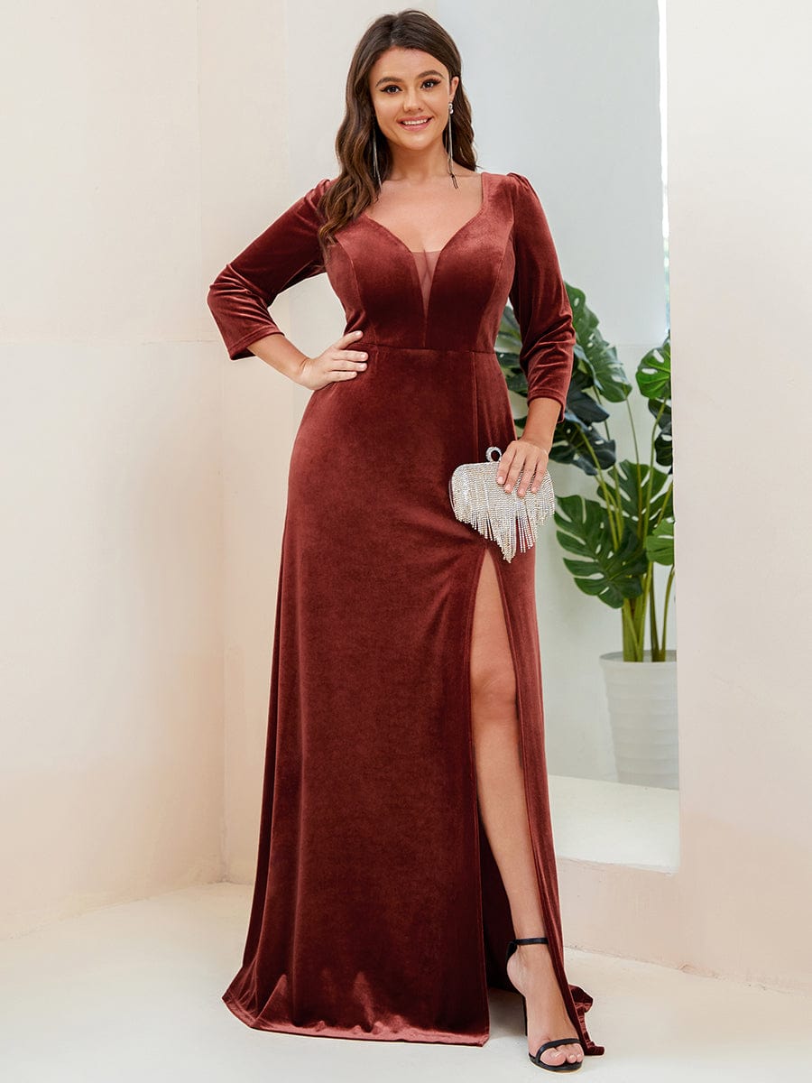 Robe de Soirée en Velours Col en V Plongeant Fendue Grande Taille #Couleur_Rouge Brique