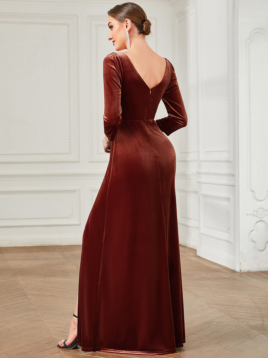 Robe de soirée trapèze en velours Col en V plongeant Fendue #Couleur_Rouge Brique