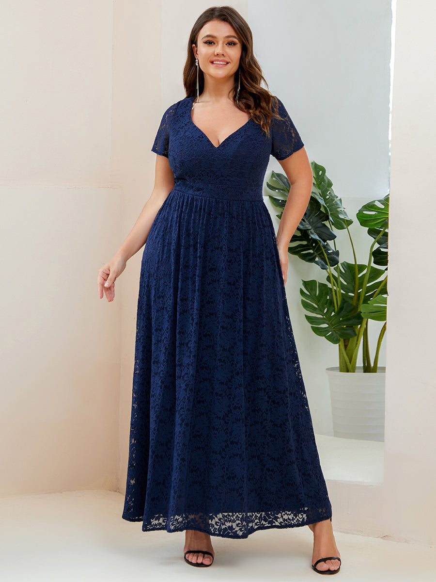 Robe de soirée Dentelle Taille cintrée Manches courtes Col en V #Couleur_Bleu Marine