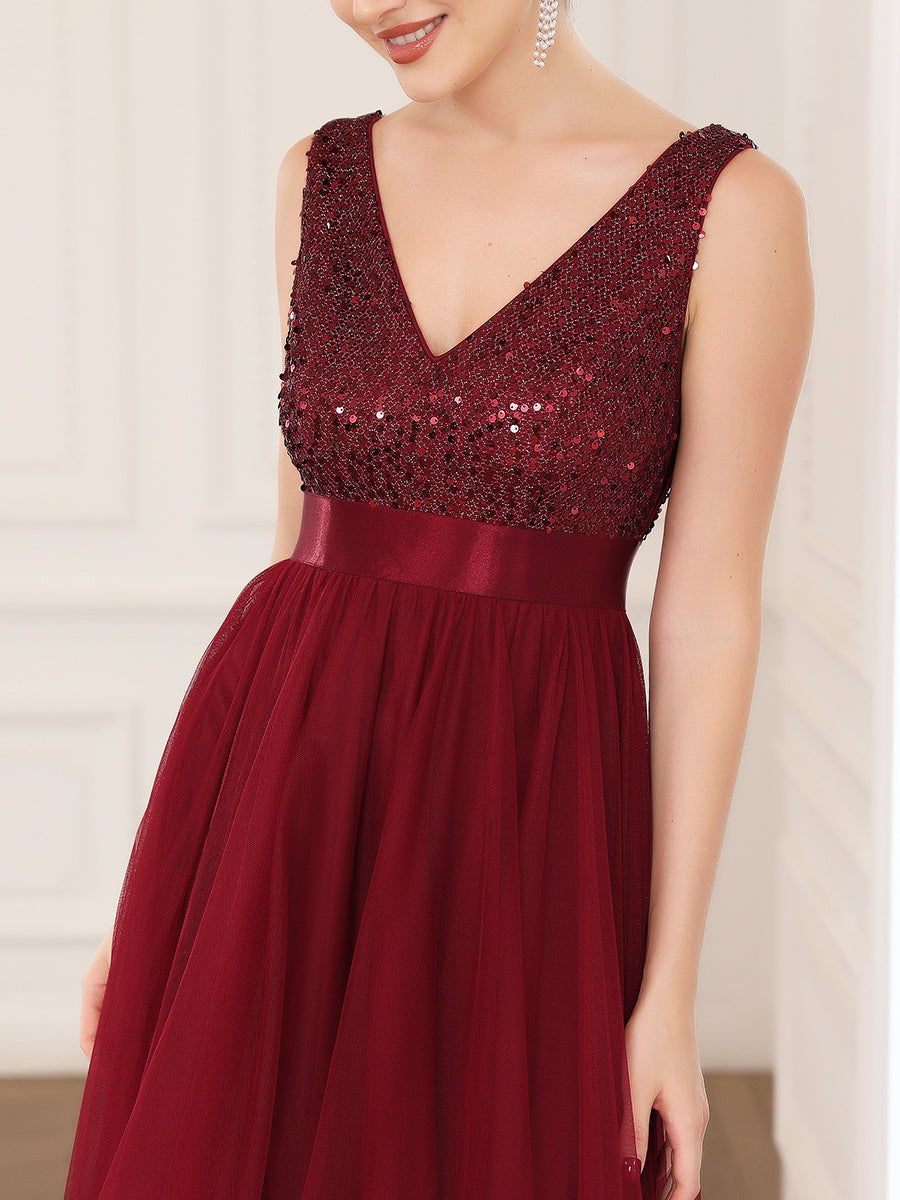 Robe de soirée haute basse sans manches à col en V et sequins #Couleur_Bordeaux