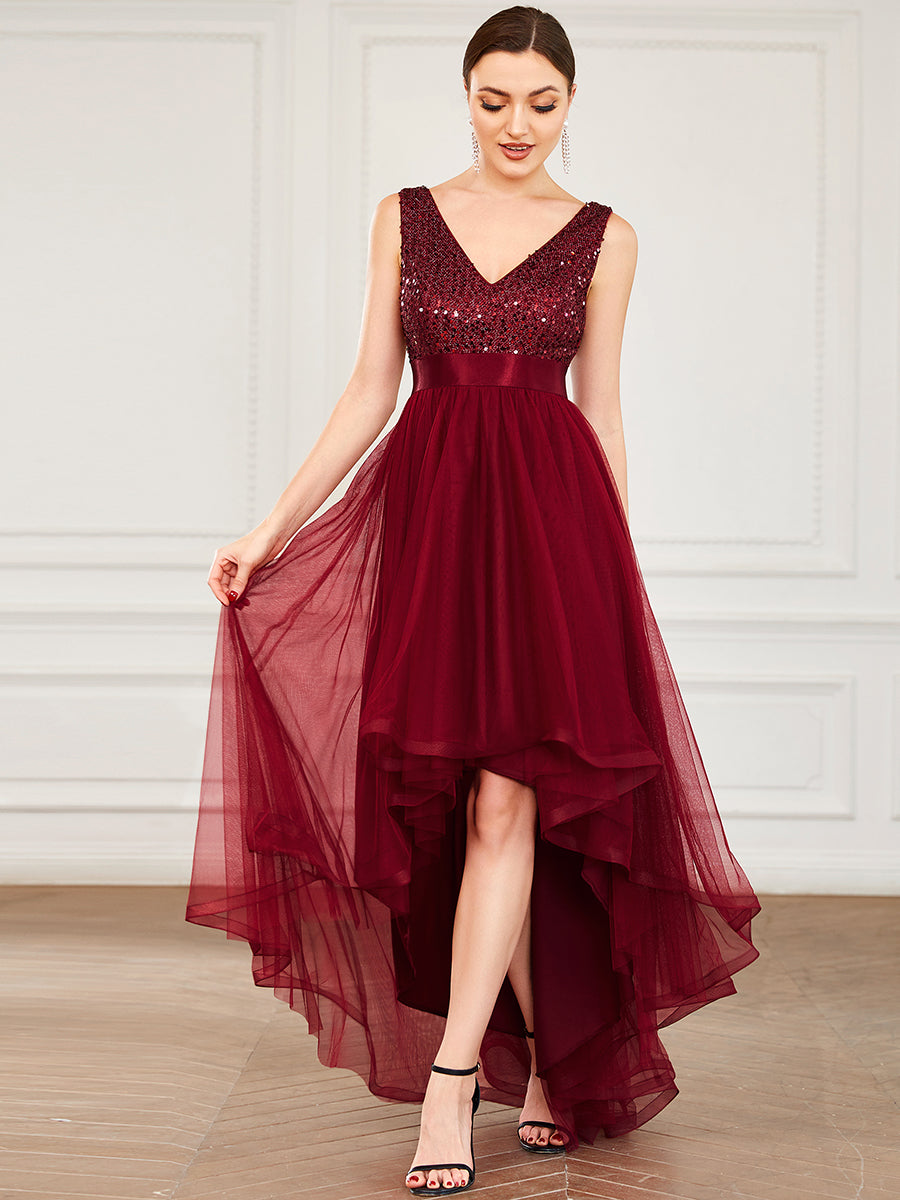 Robe de soirée haute basse sans manches à col en V et sequins #Couleur_Bordeaux