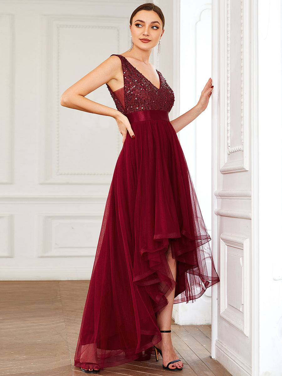 Robe de soirée haute basse sans manches à col en V et sequins #Couleur_Bordeaux