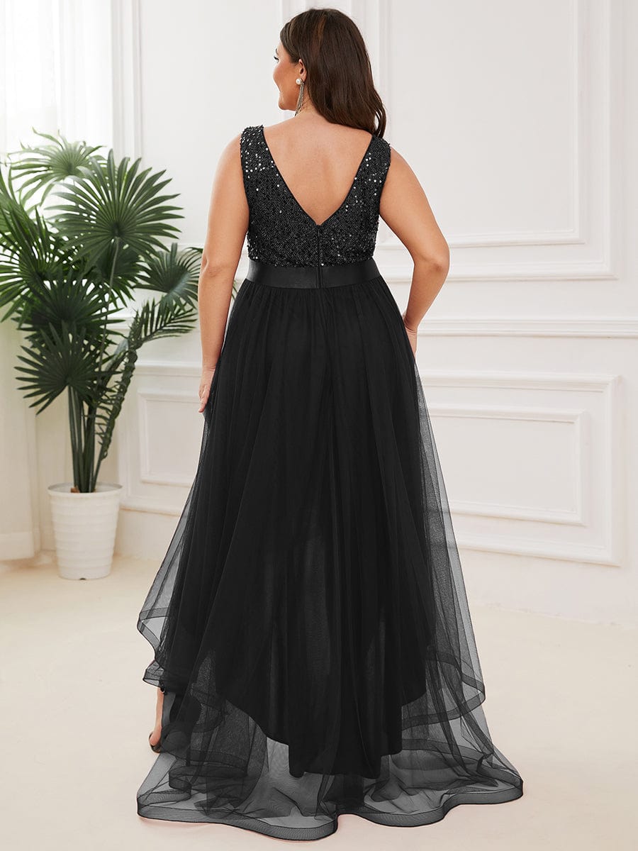 Robe de soirée haute basse sans manches à col en V et sequins #Couleur_Noir