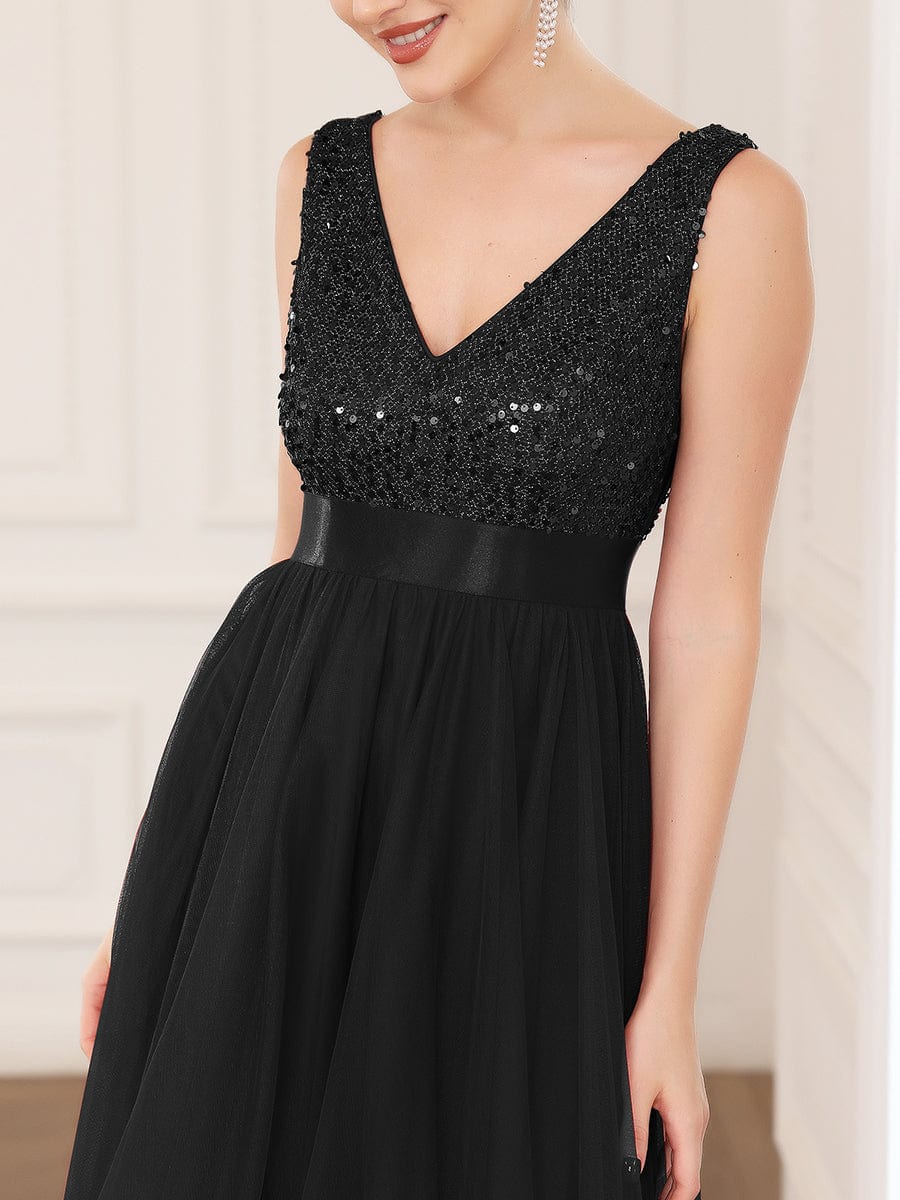 Robe de soirée haute basse sans manches à col en V et sequins #Couleur_Noir