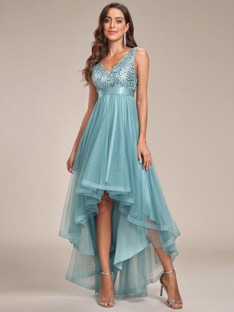 Robe de soirée haute basse sans manches à col en V et sequins #Couleur_Bleu Fume