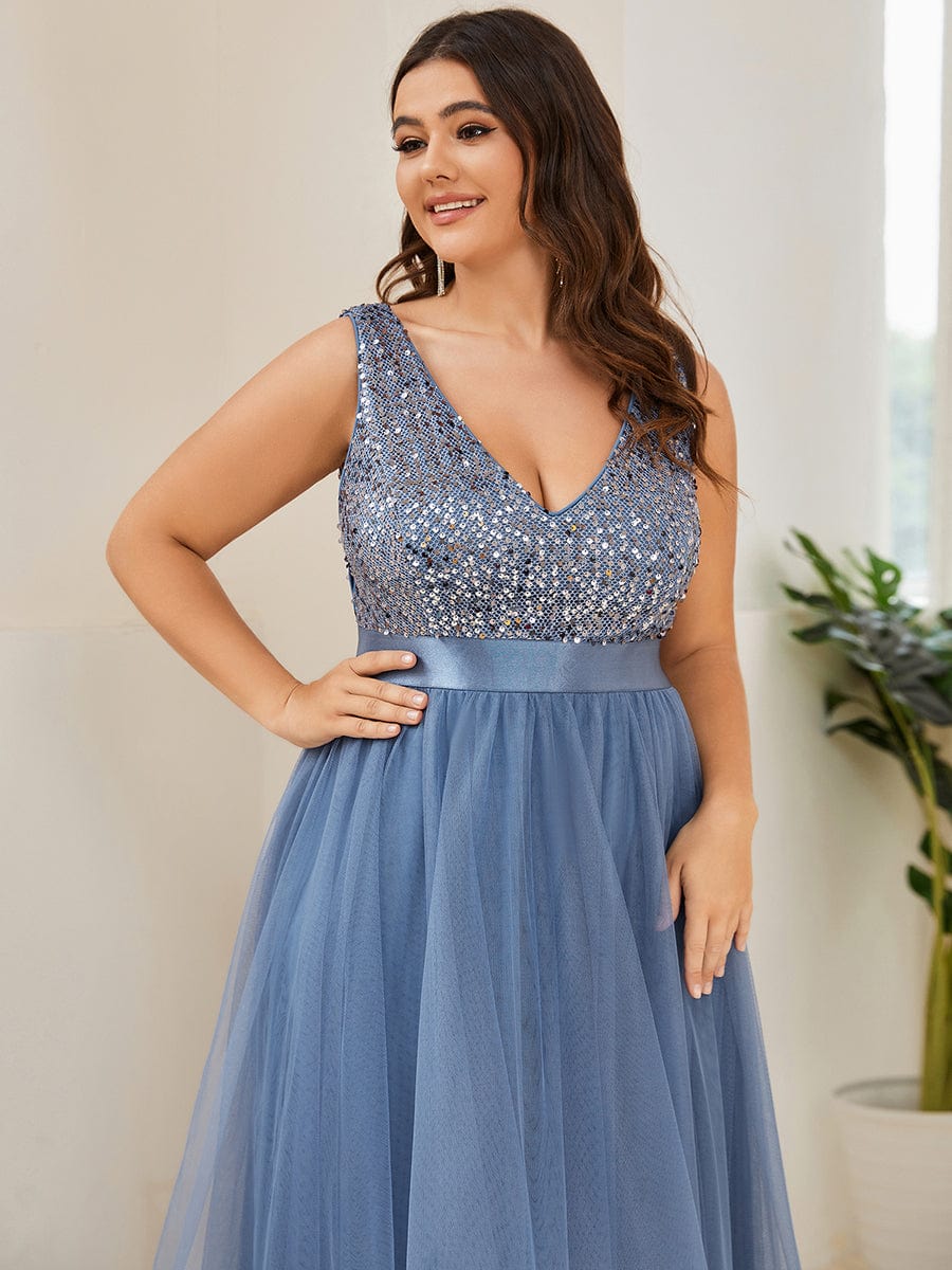 Robe de soirée haute basse sans manches à col en V et sequins #Couleur_Marine Fume