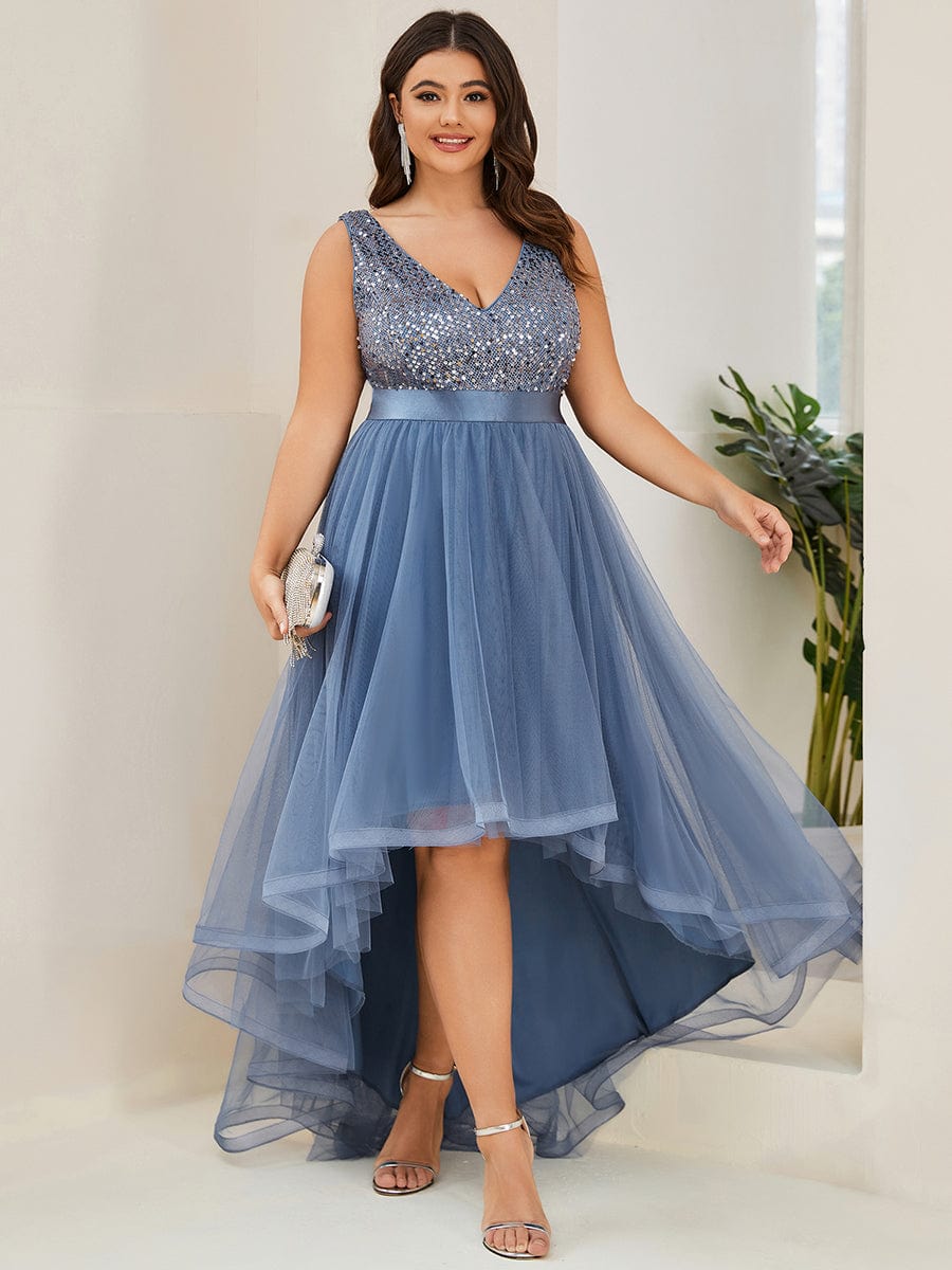 Robe de soirée haute basse sans manches à col en V et sequins #Couleur_Marine Fume