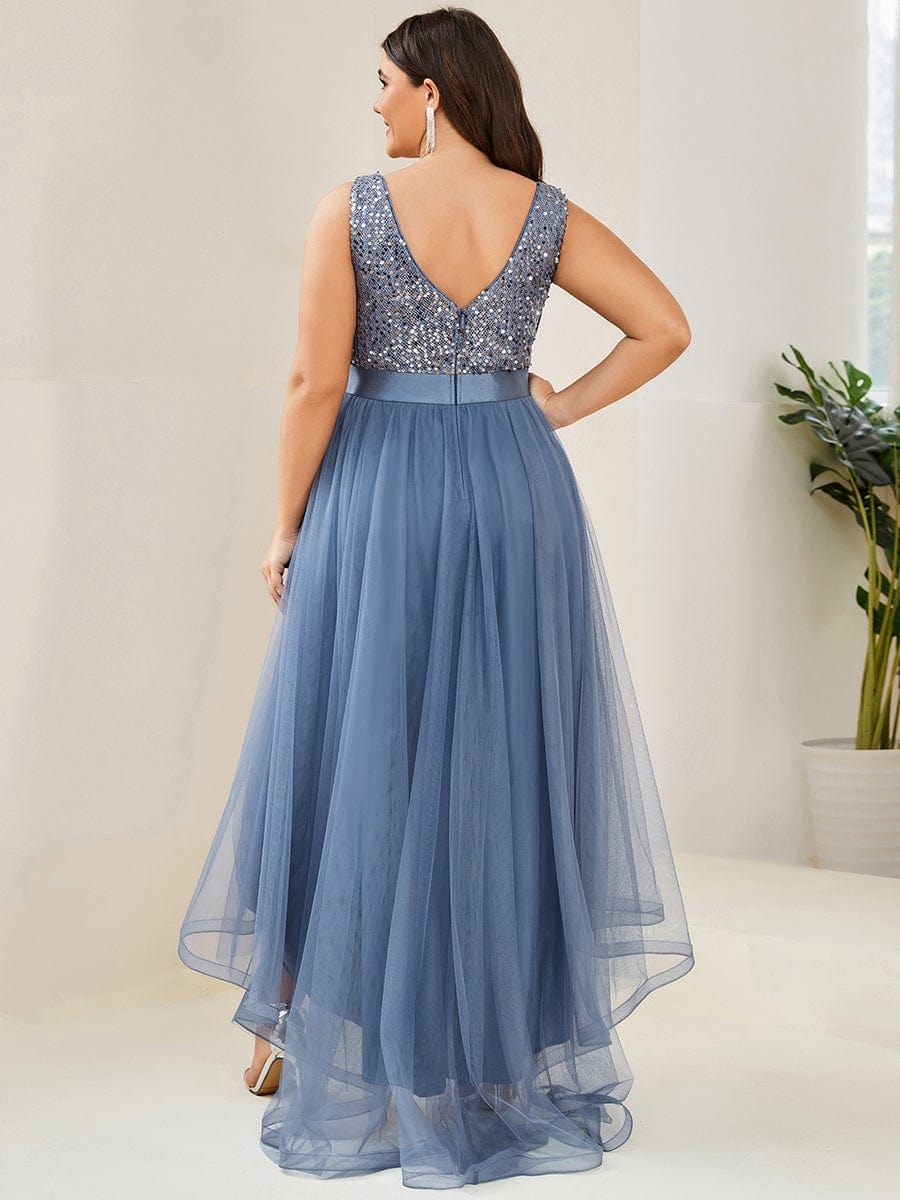 Robe de soirée haute basse sans manches à col en V et sequins #Couleur_Marine Fume