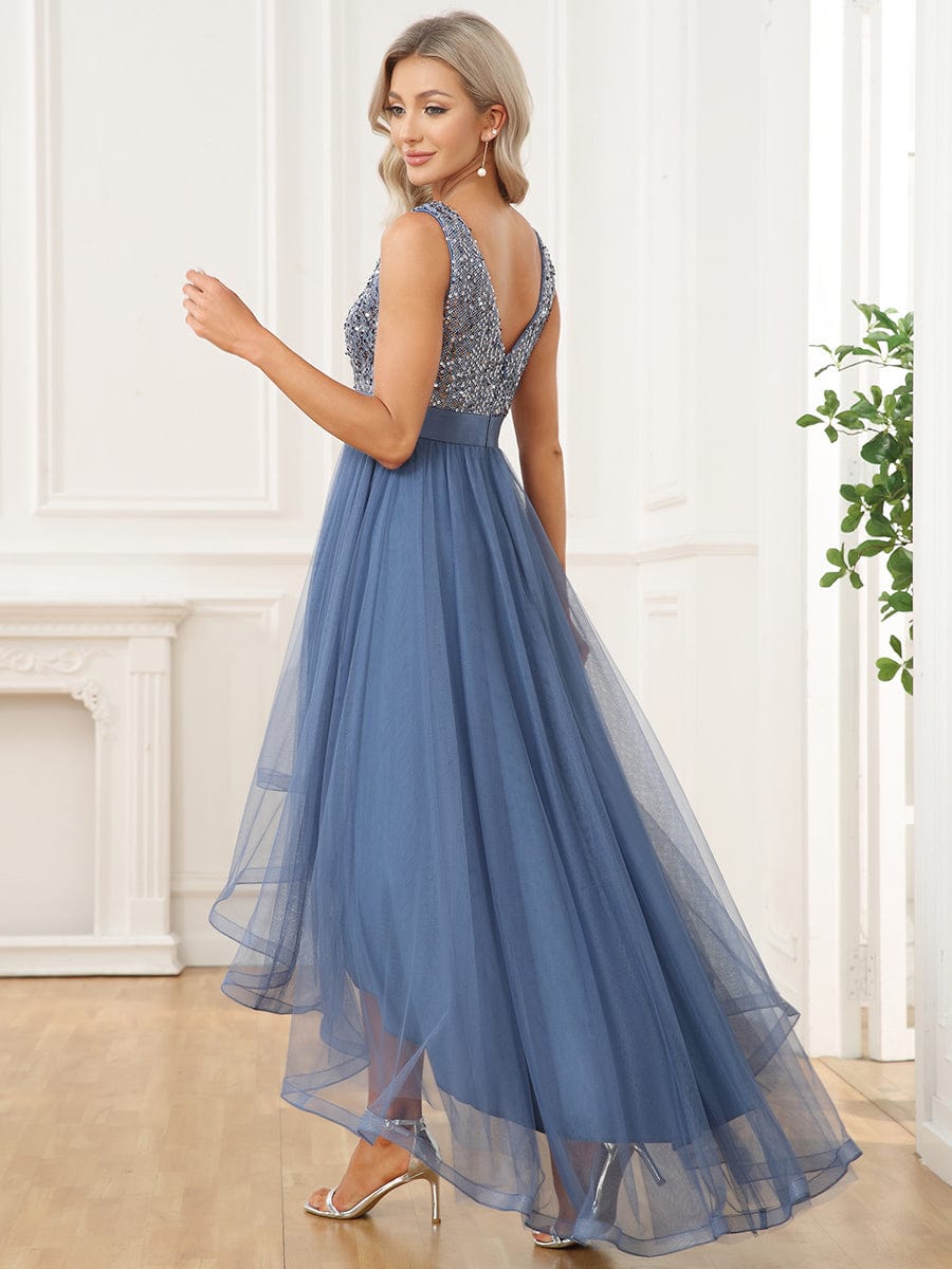 Robe de soirée haute basse sans manches à col en V et sequins #Couleur_Marine Fume