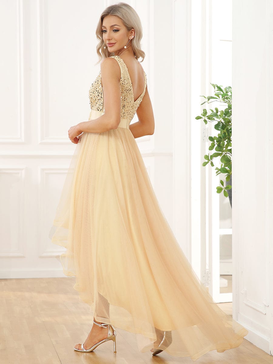 Robe de soirée haute basse sans manches à col en V et sequins #Couleur_Or