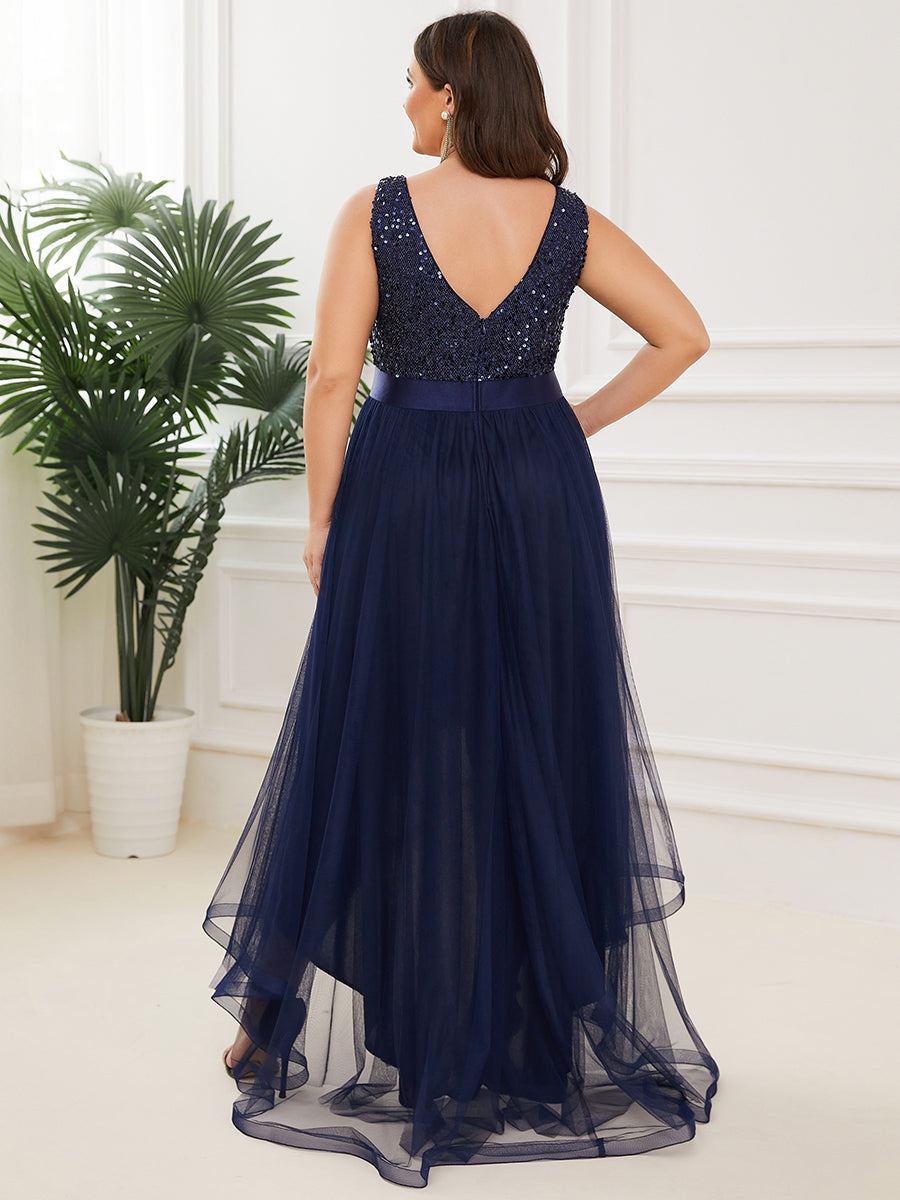 Robe de soirée haute basse sans manches à col en V et sequins #Couleur_Bleu Marine