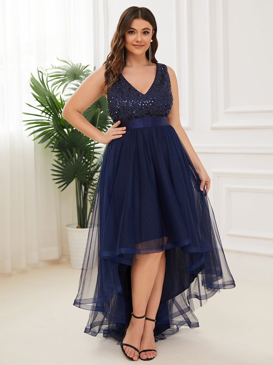 Robe de soirée haute basse sans manches à col en V et sequins #Couleur_Bleu Marine