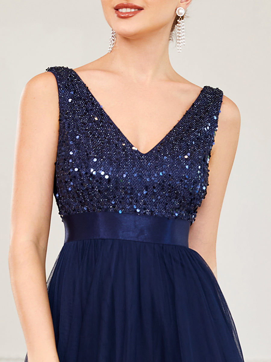 Robe de soirée haute basse sans manches à col en V et sequins #Couleur_Bleu Marine