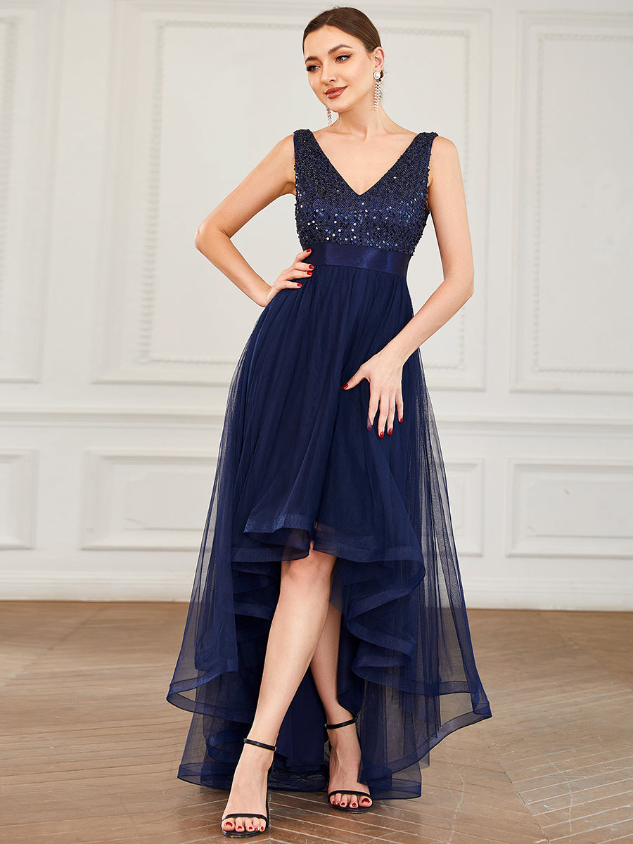 Robe de soirée haute basse sans manches à col en V et sequins #Couleur_Bleu Marine