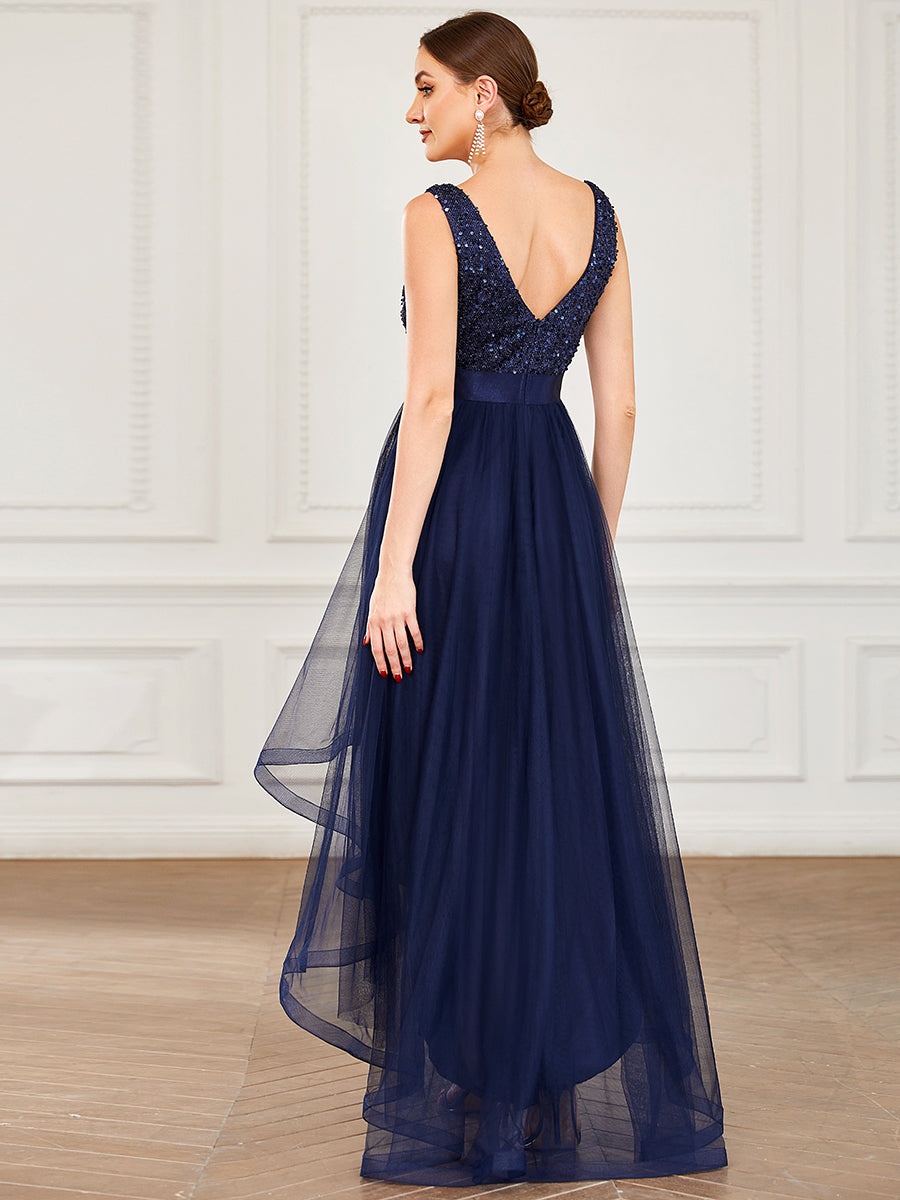 Robe de soirée haute basse sans manches à col en V et sequins #Couleur_Bleu Marine