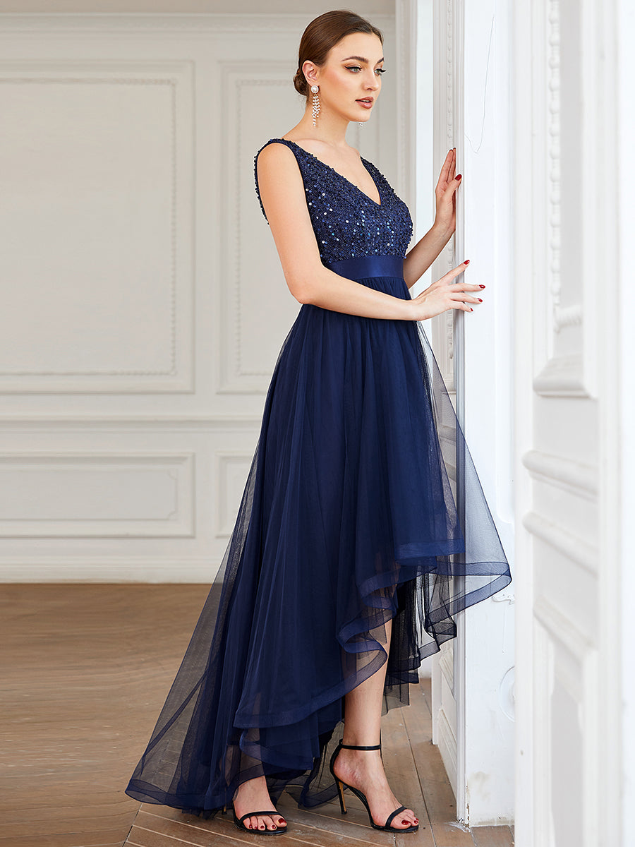 Robe de soirée haute basse sans manches à col en V et sequins #Couleur_Bleu Marine