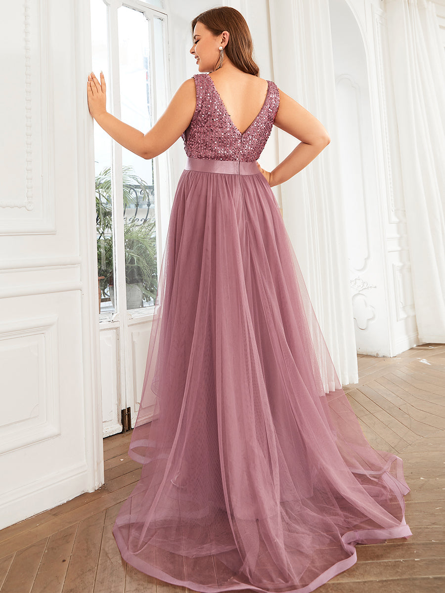 Robe de soirée haute basse sans manches à col en V et sequins #Couleur_Orchidee