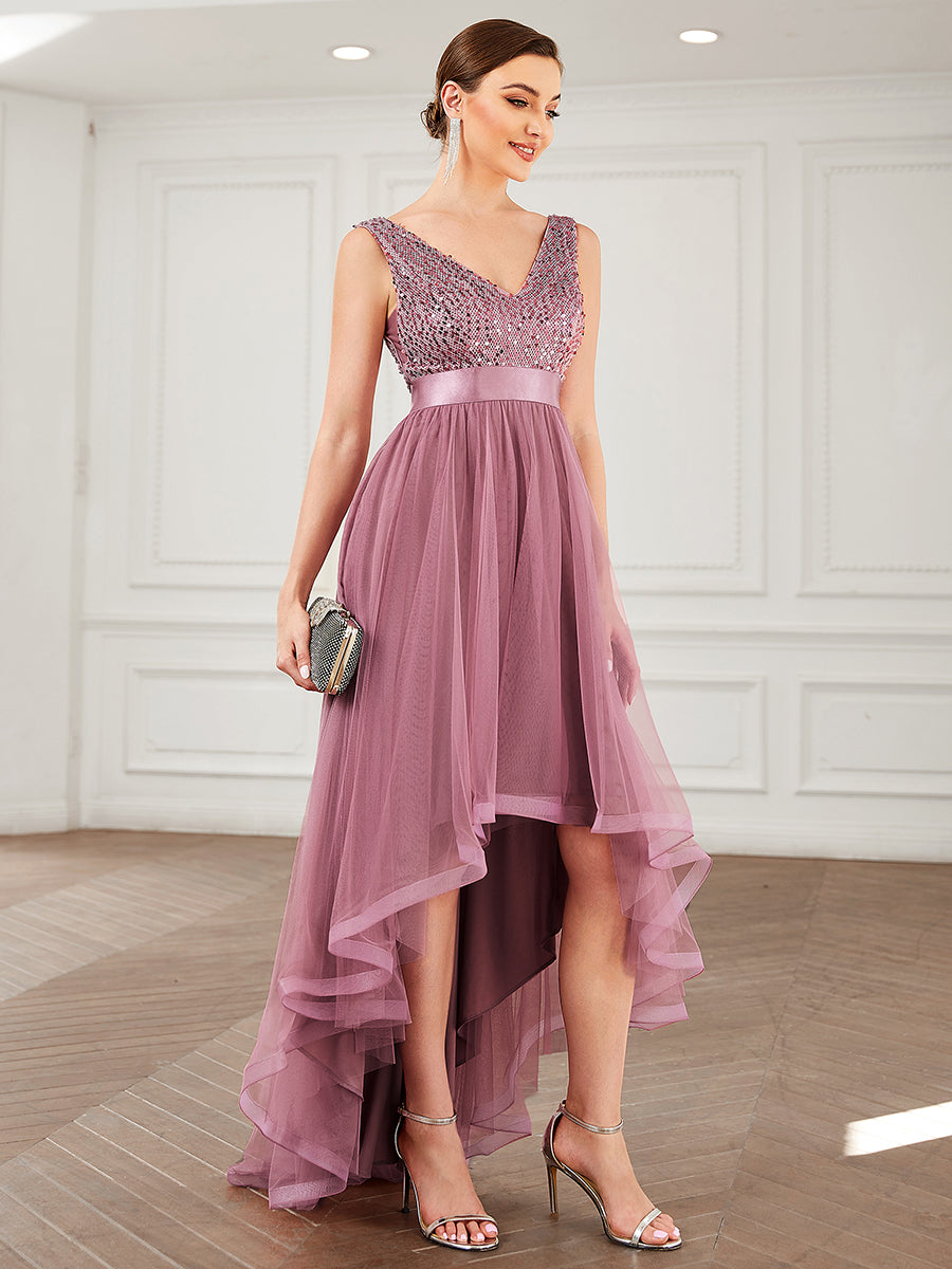 Robe de soirée haute basse sans manches à col en V et sequins #Couleur_Orchidee